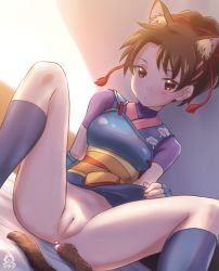 Rule 34 | 1girl, a-plug, anal tail, animal ears, bed, brown eyes, brown hair, butt plug, cat ears, cleft of venus, fake tail, highres, japanese clothes, lifting own clothes, looking at viewer, nanase (arika), no panties, presenting, pussy, sitting, solo, street fighter, street fighter ex (series), tail, uncensored