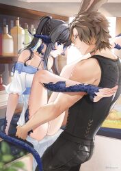 1boy 1girl animal_ears au_ra black_hair black_pants black_tank_top blue_hair bottle braid brown_hair cabinet carrot_(robosquat) chain choker collarbone dragon_horns dragon_tail final_fantasy final_fantasy_xiv hair_over_shoulder half_up_braid hands_on_another&#039;s_hips hetero highres horns multicolored_hair nadeshiko_(carrot_robosquat) off-shoulder_shirt off_shoulder original panties pants pantyshot ponytail rabbit_ears shirt sidelocks signature streaked_hair tail tank_top twitter_username underwear viera youta_(carrot_robosquat)