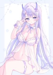 1girl :3 artist_name babydoll bare_arms bare_shoulders blue_background blue_border blush border bow breasts cleavage closed_mouth collared_halterneck commentary_request commission cowboy_shot crescent crescent_earrings earrings halterneck hand_up happy highres horn_bow horn_ornament horn_ribbon horns indie_virtual_youtuber jewelry long_hair looking_at_viewer manmaru_(vtuber) medium_breasts mismatched_earrings mole mole_under_eye nail_polish navel nightgown o-ring o-ring_thigh_strap outside_border parted_lips pastel_colors purple_eyes purple_hair purple_horns purple_nails purple_ribbon ribbon second-party_source sitting skeb_commission solo stomach suineco thigh_strap variant_set virtual_youtuber white_background white_nightgown white_wrist_cuffs wrist_cuffs