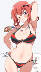 Rule 34 | 1girl, :3, absurdres, arm up, armpits, bat hair ornament, bikini, black bikini, blush, breasts, cleavage, closed mouth, collarbone, commentary request, cowboy shot, demon, demon girl, dog, eggman (ni tamagoex), gabriel dropout, gluteal fold, hair ornament, hair rings, highres, large breasts, looking at viewer, medallion, multicolored bikini, navel, one eye closed, red bikini, red eyes, satanichia kurumizawa mcdowell, simple background, smile, solo, striped bikini, striped clothes, swimsuit, thigh gap, two-tone bikini, v-shaped eyebrows, white background, white dog