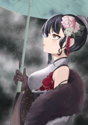 1girl absurdres black_hair breasts closed_mouth floral_print floral_print_kimono flower from_side gloves grey_hair grey_kimono hair_flower hair_ornament highres holding holding_umbrella hololive hololive_english japanese_clothes kimono lace lace_gloves large_breasts lyska27 multicolored_hair official_alternate_costume official_alternate_hairstyle pink_flower print_kimono profile shiori_novella shiori_novella_(new_year) solo two-tone_hair umbrella virtual_youtuber