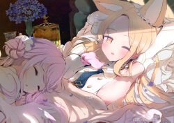 2girls animal_ear_fluff animal_ears armpits blonde_hair blue_archive blush closed_eyes cross_halo ear_wreath extra_ears flower_wreath forehead fox_ears fox_girl gradient_eyes hair_bun halo highres long_hair lying mika_(blue_archive) multicolored_eyes multiple_girls one_eye_closed parted_lips pillow pink_hair sakurano_rocco seia_(blue_archive) single_side_bun sleeping yellow_halo