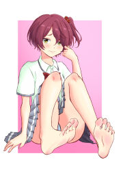 1girl absurdres barefoot blush feet highres komari_chika leafar looking_at_viewer make_heroine_ga_oo_sugiru! medium_hair panties pantyshot red_hair side_ponytail soles toes underwear yellow_eyes