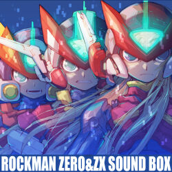 3boys android armor black_eyes blonde_hair copyright_name forehead_jewel glowing green_eyes grey_(mega_man) helmet highres in-franchise_crossover long_hair male_focus mega_man_(series) mega_man_zero_(series) mega_man_zx mega_man_zx_advent model_a_(mega_man) model_zx_(mega_man) multiple_boys nakayama_tooru official_art parted_lips power_armor red_armor red_helmet serious upper_body vent_(mega_man) zero(z)_(mega_man) zero_(mega_man)