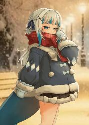 1girl bare_legs blue_eyes blue_hair blue_jacket blue_ribbon blunt_bangs bow commentary cowboy_shot english_commentary fins fish_tail fur-trimmed_sleeves fur_trim gawr_gura gawr_gura_(winter_casual) hair_ornament hair_ribbon highres hololive hololive_english jacket long_sleeves looking_at_viewer mittens multicolored_hair night official_alternate_costume official_alternate_hair_length official_alternate_hairstyle outdoors pom_pom_(clothes) puffy_long_sleeves puffy_sleeves red_scarf ribbon scarf shark_girl shark_tail smile snow snowing solo standing streaked_hair superfann tail virtual_youtuber white_bow white_hair winter x_hair_ornament