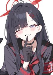1girl armband black_choker black_gloves black_hair black_sailor_collar blue_archive blue_eyes blush choker gloves halo highres ichika_(blue_archive) index_finger_raised long_hair neckerchief nqku one_eye_closed red_armband red_halo red_neckerchief sailor_collar school_uniform serafuku simple_background solo upper_body white_background