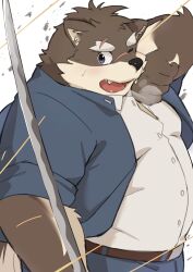 1boy absurdres animal_ear_fluff animal_ears bara belly brown_fur commentary_request dog_boy dog_ears dog_nose fangs furry furry_male highres holding holding_sword holding_weapon katana looking_to_the_side male_focus moritaka_(housamo) one_eye_closed open_mouth plump scar scar_across_eyebrow scar_on_face scar_on_nose school_uniform shishiodoshi_(44odosi) sword tokyo_houkago_summoners weapon wiping_sweat