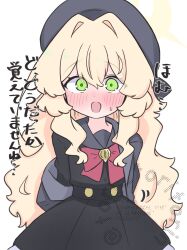 1girl beret black_serafuku black_shirt black_skirt blonde_hair blue_archive blush bow commentary_request green_eyes grey_hat grey_jacket grey_sailor_collar hair_between_eyes hair_intakes halo hat highres jacket kujou_karasuma long_hair looking_at_viewer nose_blush off_shoulder open_clothes open_jacket open_mouth pleated_skirt professor_niyaniya_(blue_archive) red_bow sailor_collar school_uniform serafuku shirt simple_background skirt small_sweatdrop solo sweat translation_request very_long_hair watermark white_background
