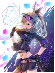 1girl ass bandaid bandaid_on_back belt blowing_bubbles cellphone chewing_gum fingerless_gloves fur-trimmed_jacket fur_trim gloves goggles goggles_on_head grey_hair hand_on_own_hip highres holding holding_phone honkai:_star_rail honkai_(series) jacket long_hair long_sleeves phone ponytail short_shorts shorts shukei silver_wolf_(honkai:_star_rail) smartphone solo