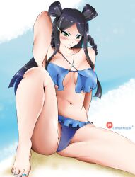 Rule 34 | 1girl, absurdres, arm up, armpits, beach, black hair, blue lips, braided pigtails, breasts, fairy tail, flatpancakesjim, hair ornament, highres, large breasts, legs apart, long hair, looking at viewer, makeup, minerva orlando, patreon logo, patreon username, seductive smile, sitting, smile, swimsuit, thick thighs, thighs