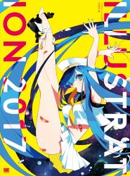 1girl 2017 absurdly_long_hair arms_up artist_request asymmetrical_footwear bandaid bandaid_on_leg black_boots blue_eyes blue_hair boots check_artist full_body high_heels illustration.media kinako_(marubotan) legs_up long_hair looking_at_viewer neckerchief original pleated_skirt second-party_source shirt skirt sleeveless sleeveless_shirt solo uneven_footwear very_long_hair white_boots white_headwear white_shirt white_skirt yellow_background yellow_neckerchief