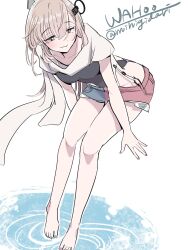 Rule 34 | 1girl, artist name, bare legs, barefoot, black one-piece swimsuit, blonde hair, blue nails, breasts, character name, closed mouth, collarbone, commentary request, full body, grey eyes, groin, hair between eyes, hair ornament, highres, kantai collection, leaning forward, long hair, mihigidari, nail polish, one-piece swimsuit, pink nails, scarf, short shorts, short sleeves, shorts, simple background, small breasts, smile, solo, standing, swimsuit, toenail polish, toenails, twitter username, wahoo (kancolle), walking, walking on liquid, water, white background