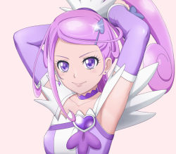 1girl armpits arms_up brooch choker collarbone cure_sword detached_sleeves dokidoki!_precure earrings elenab female_focus hair_ornament heart heart_brooch high_ponytail jewelry long_hair long_sleeves pink_background ponytail precure purple_eyes purple_hair purple_sleeves simple_background solo sparkle tying_hair upper_body