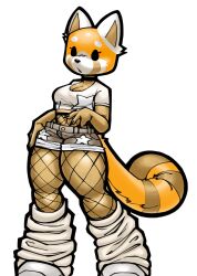 1girl aggressive_retsuko black_claws black_eyes body_markings breasts brown_fur crop_top facial_mark fishnet_thighhighs fishnets full_body furry furry_female highres large_breasts orange_fur raccoon_girl retsuko shoes shorts solls0ll tail thick_thighs thighhighs thighs white_footwear white_fur