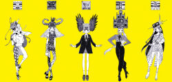 Rule 34 | american flag, american flag print, ankle boots, arm tattoo, armlet, backpack, bag, baggy pants, blazer, bob cut, boots, bracelet, braided sidelocks, capri pants, collared shirt, contrapposto, cropped hoodie, crossed legs, diamond-shaped earrings, dress, earrings, fake horns, fashion, feathers, flag print, full body, greyscale with colored background, hands on own hips, harem pants, head tilt, headdress, helmet, high-low dress, high heel boots, high heel sandals, high heels, highres, hood, hood down, hoodie, horned helmet, horns, jacket, jewelry, kneehighs, leg lift, long hair, looking to the side, low ponytail, matsumoto keiko, midriff, multicolored hair, multiple bracelets, native american, navel, neck ribbon, necktie, original, pants, pantyhose, patterned clothing, platform boots, platform sandals, pleated skirt, ponytail, print pantyhose, print shirt, ribbon, shirt, shoes, short dress, short hair, short necktie, skirt, sleeveless, sleeveless dress, sneakers, socks, split-color hair, standing, standing on one leg, straight-on, striped clothes, striped dress, tattoo, triangle earrings, very long hair, watson cross, wavy hair, winged helmet, yellow background