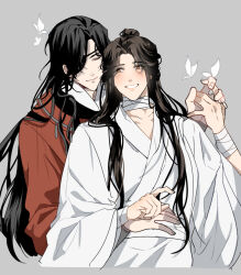 2boys bandaged_arm bandaged_neck bandages bishounen black_hair blush brown_eyes brown_hair bug butterfly butterfly_on_hand chinese_clothes closed_eyes closed_mouth couple eyepatch grey_background grin hair_bun hand_up hanfu holding_hands hua_cheng insect jewelry long_hair looking_at_another male_focus mandarin_collar multiple_boys necklace one_eye_covered ponytail pov red_hanfu ronpu_cooing simple_background single_hair_bun smile tianguan_cifu upper_body white_butterfly white_hanfu wide_sleeves xie_lian yaoi yuanlingpao