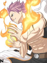 1boy abs black_vest clenched_teeth commentary cowboy_shot fairy_tail fire highres male_focus natsu_dragneel open_clothes open_vest panwar_art pink_hair profile scarf short_hair simple_background smile solo teeth vest white_background white_scarf
