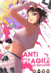 5girls absurdres animification antifragile_(le_sserafim) black_hair clenched_hand commentary cropped_shirt earrings english_commentary fabs_arakaki fingerless_gloves flexing glint gloves hair_behind_ear highres hong_eun-chae hoop_earrings huh_yun-jin jewelry k-pop kim_chae-won le_sserafim looking_down making-of_available miyawaki_sakura multiple_girls nakamura_kazuha one_eye_closed purple_eyes real_life shirt shorts sleeveless sleeveless_shirt smile solo_focus song_name white_shirt white_shorts