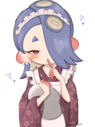 1girl alternate_costume apron blue_hair cephalopod_eyes commentary_request earrings finger_to_mouth fukasukisugiru hair_over_one_eye holding holding_plate index_finger_raised jewelry kappougi long_hair maid_apron maid_headdress multiple_earrings nintendo octoling plate red_eyes shiver_(splatoon) short_eyebrows simple_background solo splatoon_(series) splatoon_3 tentacle_hair thick_eyebrows tooth_earrings white_apron white_background white_headdress