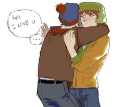 ... 2boys back belt black_belt black_hair blue_hat blue_pants brown_jacket closed_mouth cowboy_shot english_text fingernails green_hat grey_pants hat highres jacket kugai697139 kyle_broflovski long_sleeves looking_at_another male_focus multiple_boys orange_hair orange_jacket pants pocket pom_pom_(clothes) puffy_long_sleeves puffy_sleeves short_hair simple_background south_park speech_bubble spoken_ellipsis stan_marsh standing white_background yaoi