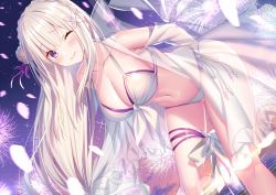 1girl ;) akusema arms_behind_back beach bikini blush braid breasts cleavage collarbone commentary_request dusk dutch_angle emilia_(re:zero) feet_out_of_frame fireworks flower frills front-tie_bikini_top front-tie_top hair_flower hair_ornament halterneck highres large_breasts layered_bikini leaning_forward long_hair looking_at_viewer night night_sky ocean one_eye_closed outdoors petals pointy_ears purple_eyes re:zero_kara_hajimeru_isekai_seikatsu see-through_clothes side-tie_bikini_bottom sky smile solo standing star_(sky) starry_sky sunset swimsuit thigh_strap white_bikini white_hair