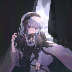 1girl closed_mouth hairband highres long_sleeves looking_at_viewer red_eyes rozen_maiden sitting solo suigintou wusubamineko