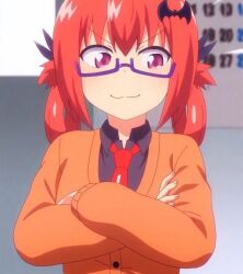 Rule 34 | andymoe, anime screenshot, calendar (medium), gabriel dropout, glasses, low twintails, necktie, orange sweater, purple eyes, purple ribbon, red hair, red necktie, ribbon, satanichia kurumizawa mcdowell, smile, sweater, twintails