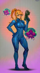 Rule 34 | 1girl, absurdres, artist name, blonde hair, blue bodysuit, blue eyes, bodysuit, breasts, closed mouth, commentary, danderfull, english commentary, finger on trigger, full body, gun, hand on own hip, handgun, heel up, highres, holding, holding gun, holding weapon, looking at viewer, medium breasts, metroid, metroid (creature), nintendo, paralyzer, ponytail, samus aran, skin tight, smile, solo, standing, weapon, zero suit