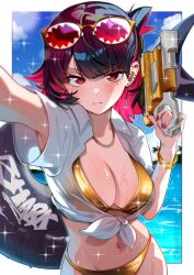 1girl absurdres bangle barbell_piercing bikini black_hair blush border bracelet breasts closed_mouth collared_shirt colored_inner_hair commentary ear_piercing ellen_joe english_commentary eyewear_on_head fins fish_tail gold_bikini golden_week_bikini hand_up highres holding holding_water_gun industrial_piercing jewelry large_breasts looking_at_viewer mole mole_under_eye multicolored_hair nail_polish navel ocean outside_border outstretched_arm piercing red-tinted_eyewear red_eyes red_hair red_nails sachichuu shark_girl shark_tail shirt short_hair short_sleeves solo sparkle sunglasses swimsuit tail tied_shirt tinted_eyewear twitter_username two-tone_hair upper_body very_long_fingernails water water_drop water_gun wet white_border white_shirt yellow-framed_eyewear zenless_zone_zero