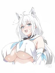 1girl ahoge alternate_breast_size animal_ear_fluff animal_ear_piercing animal_ears bare_shoulders blush braid breasts dated detached_sleeves fox_ears fox_girl green_eyes highres hololive huge_breasts long_hair looking_at_viewer open_mouth seo_tatsuya shirakami_fubuki shirt_overhang side_braid simple_background smile solo twitter_username underboob virtual_youtuber white_background white_hair