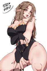 1girl artist_name black_nails breasts brown_hair cleavage commentary detached_sleeves earrings elf english_commentary fingernails green_eyes head_tilt highres jewelry large_breasts lips long_hair looking_at_viewer nasya_ns open_mouth original parted_bangs pointy_ears simple_background smile solo thick_thighs thighs twitter_strip_game undressing white_background