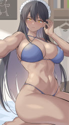 1girl bikini black_hair blue_archive blue_bikini breasts curvy dark-skinned_female dark_skin feet highleg highleg_bikini highres karin_(blue_archive) kneeling kook large_breasts legs long_hair looking_at_viewer maid_headdress navel open_mouth shiny_skin solo swimsuit thighs thong thong_bikini toned very_long_hair wide_hips yellow_eyes
