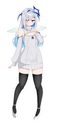 1girl absurdres alternate_costume amane_kanata angel angel_wings black_thighhighs blue_hair breasts cleavage cleavage_cutout clothing_cutout grey_hair hair_ornament hairpin halo highres hololive long_hair meme_attire miya_anko shoes small_breasts solo star_halo sweater thighhighs turtleneck turtleneck_sweater two_side_up virgin_killer_sweater virtual_youtuber white_background white_shoes white_sweater wings