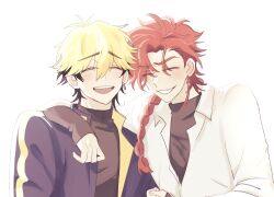 Rule 34 | 2boys, :d, ^ ^, arm around shoulder, black hair, black shirt, blonde hair, blue jacket, blush, braid, closed eyes, collared shirt, earrings, fang, grin, hair between eyes, highres, jacket, jewelry, laughing, long hair, long sleeves, male focus, multicolored hair, multicolored jacket, multiple boys, open clothes, open jacket, open mouth, red hair, shiguang dailiren, shirt, short hair, simple background, single braid, single earring, sleeves past wrists, smile, ssriseroto2n, tassel, tassel earrings, teeth, turtleneck, two-tone hair, upper body, white background, white shirt, xia fei, xiao weiying, yaoi