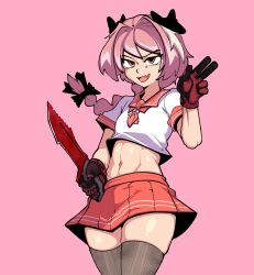 Rule 34 | 1boy, absurdres, astolfo (fate), astolfo (sailor paladin) (fate), black bow, black thighhighs, bow, braid, commentary, counter-strike (series), counter-strike 2, dagger, english commentary, fang, fate (series), gloves, hair bow, hair intakes, highres, holding, holding dagger, holding knife, holding weapon, hugo (rushbordie), knife, long hair, looking at viewer, male focus, midriff, mole, mole under eye, navel, neckerchief, orange eyes, phallic symbol, pink background, pink hair, pink neckerchief, pink sailor collar, pink skirt, red gloves, sailor collar, shirt, short sleeves, simple background, single braid, skin fang, skirt, smile, solo, thighhighs, weapon, white shirt