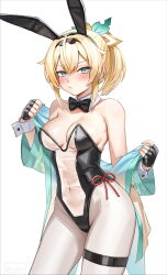 Rule 34 | 1girl, :/, ahoge, alternate costume, animal ear hairband, animal ears, aqua eyes, black bow, black bowtie, black gloves, black hairband, black leotard, blonde hair, blush, bow, bowtie, breasts, closed mouth, commentary, covered navel, cowboy shot, crossed bangs, detached collar, double-parted bangs, fake animal ears, gloves, hair between eyes, hair bow, hair flaps, hairband, haori, highleg, highleg leotard, highres, hololive, japanese clothes, kazama iroha, leotard, looking at viewer, medium breasts, meme attire, multicolored bow, pantyhose, playboy bunny, ponytail, rabbit ear hairband, rabbit ears, see-through clothes, see-through leotard, short hair, side-tie leotard, simple background, solo, strapless, strapless leotard, symbol-only commentary, thigh strap, traditional bowtie, translucent bunnysuit, virtual youtuber, white background, white pantyhose, wszkii, yellow haori