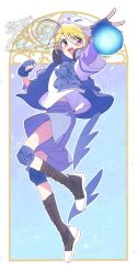 1boy beanie beat_jumper beat_jumper_(cosplay) black_boots blonde_hair blue_background blue_gloves blue_jacket blue_shorts boots border clenched_hand cosplay dot_nose energy_ball eyes_visible_through_hair fingerless_gloves floating_clothes full_body gloves hair_between_eyes happy hat headphones headphones_around_neck highres hotori_tadase jacket knee_boots knee_pads layered_sleeves leg_up light_blush long_sleeves midriff_peek multicolored_boots open_clothes open_jacket open_mouth outline outside_border outstretched_hand pink_eyes pocket purple_sleeves serizawa_serizane shirt short_hair short_over_long_sleeves short_sleeves shorts shugo_chara! sleeveless sleeveless_jacket smile solo stained_glass standing swept_bangs tareme twitter_username two-tone_boots watermark white_boots white_border white_hat white_outline white_shirt wing_print