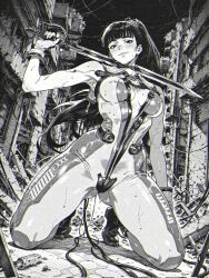 1girl apocalypse armpits blush bodysuit closed_mouth covered_erect_nipples eve_(stellar_blade) greyscale highres holding holding_sword holding_weapon kneeling long_hair monochrome outdoors ponytail ruins shoes smile stellar_blade sweat sweatdrop sword thighs weapon xenotrip