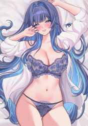 1girl alternate_costume bed_sheet black_hair blue_bra blue_eyes blue_hair blue_nails blunt_bangs blush bra breasts cleavage collarbone commentary fingernails hair_intakes hands_up highres hololive hololive_english ibbychan lace lace-trimmed_bra lace-trimmed_panties lace_trim large_breasts long_hair looking_at_viewer lying multicolored_hair nail_polish navel on_back open_clothes open_shirt ouro_kronii panties parted_lips smile solo stomach underwear very_long_hair virtual_youtuber