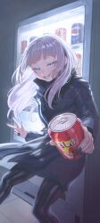 Rule 34 | arabic text, black cloak, braid, braided hair rings, cloak, hair rings, highres, samlooop, shani (brand), v, vampire, vending machine, yofukashi no uta