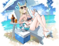 1girl absurdres alternate_costume animal_ears arm_rest ball barefoot beach beach_chair beach_umbrella beachball bikini black_bikini blonde_hair blue_archive blue_eyes blurry bokeh breasts cleavage cooler cuffs day depth_of_field dog_ears eyewear_on_head fangs feet full_body hair_over_one_eye handcuffs highres holding holding_handcuffs jeongdang_geolae kanna_(blue_archive) knees_up long_hair looking_at_viewer medium_breasts navel ocean outdoors paw_print sand sitting solo striped_bikini striped_clothes sunglasses swimsuit umbrella