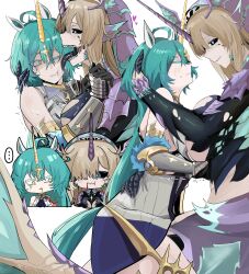 ... 2girls absurdres ahoge animal_ears asymmetrical_docking bare_shoulders black_sclera black_tongue blonde_hair blue_eyes breast_press breasts cannibalism chibi chibi_inset clenched_teeth colored_eyelashes colored_sclera commentary_request disgust eating fins gauntlets green_hair hand_on_another&#039;s_head heart highres horns horse_ears imperator_(wuthering_waves) large_breasts leviathan_(wuthering_waves) licking licking_another&#039;s_cheek licking_another&#039;s_face light_blush long_hair long_horns looking_at_another monster_girl multiple_girls multiple_views one_eye_closed open_mouth parted_lips personification purple_horns sharp_teeth simple_background single_horn sweatdrop teeth trembling unicorn_girl veil very_long_hair white_background will2012tw wuthering_waves yellow_eyes yellow_horns yuri