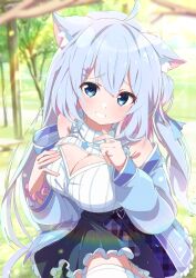 Rule 34 | 1girl, absurdres, ahoge, animal ear fluff, animal ears, bare shoulders, belt, black skirt, blue eyes, blue hair, blue jacket, blue skirt, blurry, blush, breasts, cat ears, cat girl, cat tail, cleavage, cleavage cutout, clothing cutout, commission, cowboy shot, day, dot nose, finger to cheek, frilled skirt, frills, grass, grin, hair between eyes, hair bun, hair ornament, hair ribbon, hairclip, heart, highres, jacket, jewelry, large breasts, long hair, long sleeves, looking at viewer, miniskirt, multicolored hair, off shoulder, one side up, open clothes, open jacket, original, outdoors, plaid clothes, plaid skirt, raised eyebrows, ribbon, scrunchie, shiro9jira, shirt, skeb commission, skirt, sleeveless, sleeveless shirt, smile, solo, sparkle, sweater, tail, thighhighs, tree, turtleneck, white shirt, white sweater, white thighhighs, wrist scrunchie, zettai ryouiki