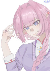 Rule 34 | 1girl, absurdres, alternate costume, artist name, braid, breasts, chinese commentary, commentary request, elf, elysia (honkai impact), highres, honkai (series), honkai impact 3rd, long hair, looking at viewer, medium breasts, pink hair, pink nails, pink pupils, pointy ears, purple sweater, simple background, single braid, smile, solo, sweater, upper body, watch, white background, wristwatch, yesen