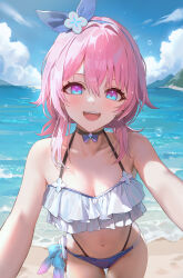 1girl alternate_costume bare_arms bare_shoulders beach bikini blue_bikini blue_sky blush bow breasts choker cleavage cloud collarbone day frilled_bikini frills hair_between_eyes hair_ornament hanato_(seonoaiko) highres honkai:_star_rail honkai_(series) looking_at_viewer march_7th_(honkai:_star_rail) medium_hair mismatched_bikini multicolored_eyes navel ocean open_mouth outdoors pink_hair pov ribbon sand sidelocks sky small_breasts smile solo stomach swimsuit thighs two-tone_eyes water white_bikini