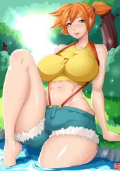 Rule 34 | 1girl, absurdres, aged up, arm support, asymmetrical hair, bare shoulders, barefoot, blue eyes, blue shorts, blush, breasts, crop top, curvy, denim, denim shorts, feet, female focus, gen 1 pokemon, gym leader, haarmades, highres, huge breasts, impossible clothes, large breasts, legs, lips, looking at viewer, midriff, misty (pokemon), navel, nintendo, orange hair, outdoors, partially submerged, pokemon, pokemon (anime), pokemon (classic anime), pokemon rgby, ponytail, shiny skin, shirt, short hair, short shorts, shorts, side ponytail, sitting, smile, soaking feet, solo, suspenders, tank top, thick thighs, thighs, tongue, tree, water, wet, wide hips, yellow shirt