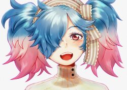 1girl blue_hair commentary_request fire_emblem fire_emblem_fates gradient_hair hair_over_one_eye highres howaito_gyuunyuu multicolored_hair nintendo open_mouth peri_(fire_emblem) pink_hair portrait red_eyes solo teeth turtleneck twintails two-tone_hair upper_teeth_only