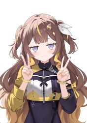 Rule 34 | 1girl, absurdres, anya melfissa, asymmetrical sleeves, brown hair, covered navel, double v, highres, hololive, hololive idol uniform (color rise), hololive indonesia, jitome, long hair, purple eyes, raikkonen, smile, two side up, v, very long hair, virtual youtuber, white background, wristband, yellow nails
