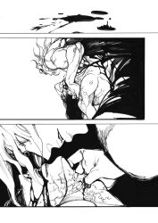 blood blood_in_mouth blood_splatter breasts comic dio_brando drinking_blood greyscale jojo_no_kimyou_na_bouken medium_breasts merumeru626 monochrome nipples screentones silent_comic stardust_crusaders topless_female topless_male