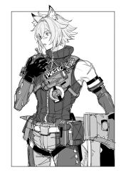 1boy animal_ear_fluff animal_ears arm_belt belt belt_pouch birdhatter border cropped_legs crossed_bangs gloves greyscale holding holding_walkie-talkie looking_down male_focus monochrome parted_bangs parted_lips pouch profile scar scar_on_shoulder seth_lowell short_hair single_bare_shoulder sleeveless solo turtleneck walkie-talkie white_background zenless_zone_zero zipper zipper_pull_tab